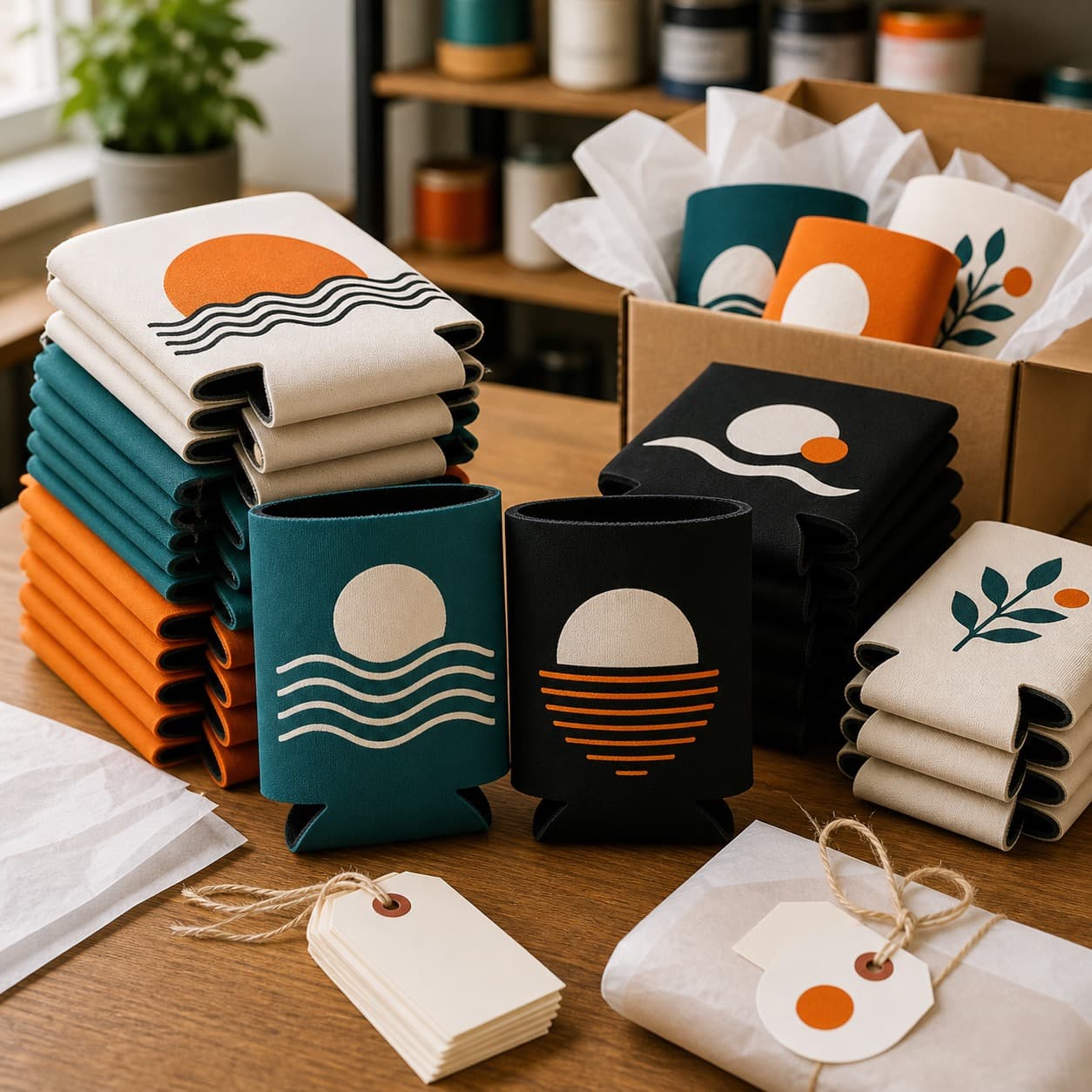 Custom event koozies with bright printed artwork