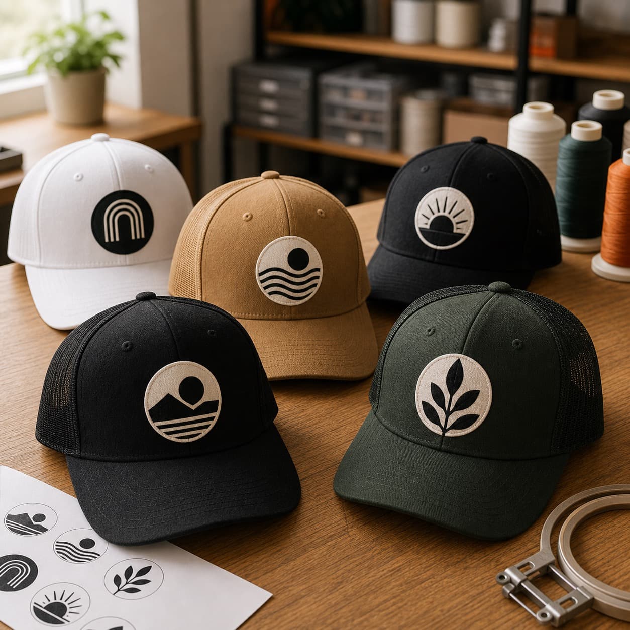 Custom logo hats prepared for a local business