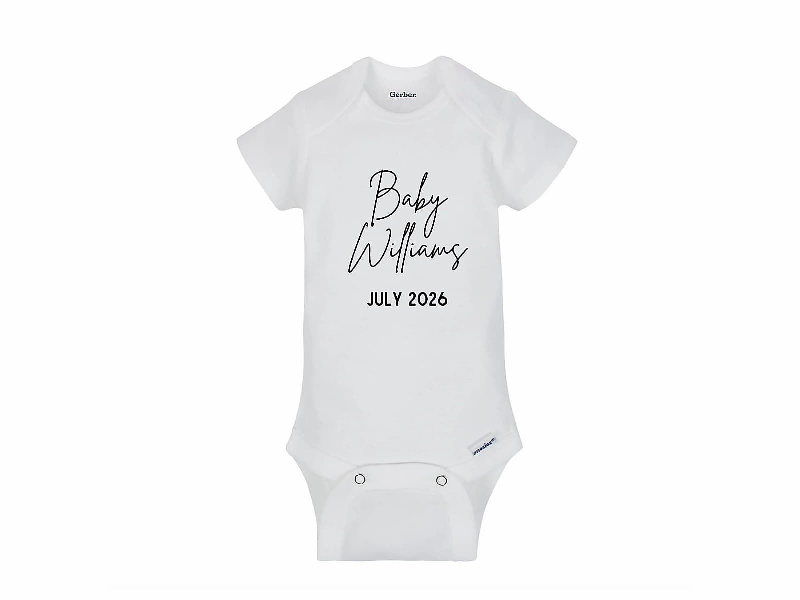 White baby onesie mockup with Baby Williams July 2026 text