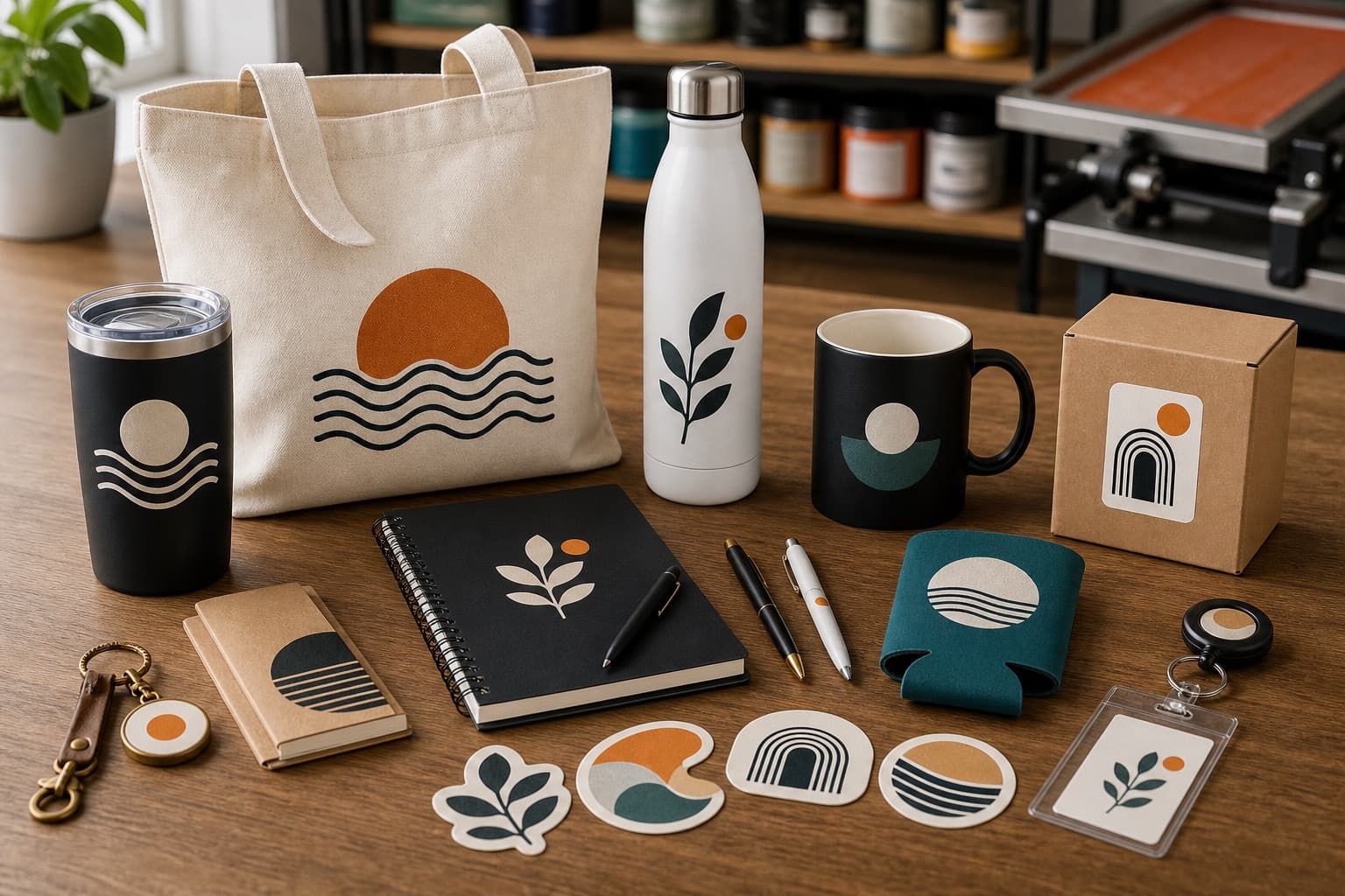 Custom promotional items arranged for a business giveaway